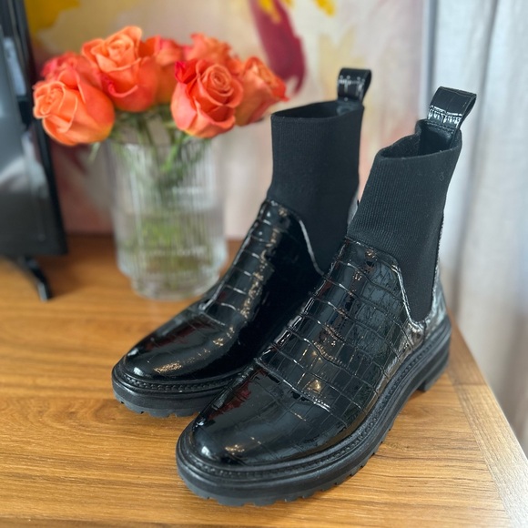 Loeffler Randall Black Croc-Embossed Combat Boots - Picture 2 of 10